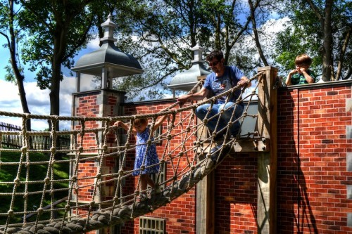 Family On Rope Bridge Hatfield House National Trust Childrens Outdoor Wooden Play Area Replica